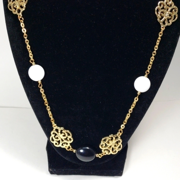 Women's Gold Statement 38" Long Necklace w/ Black, White Beads & Filigree Discs - Picture 6 of 6